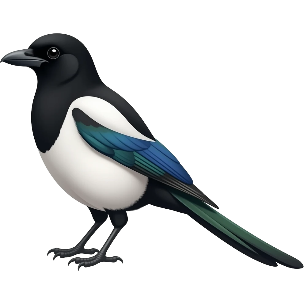 "Generate a modern, distinct emoji-style icon of a Eurasian Magpie in profile, standing and facing left." emoji