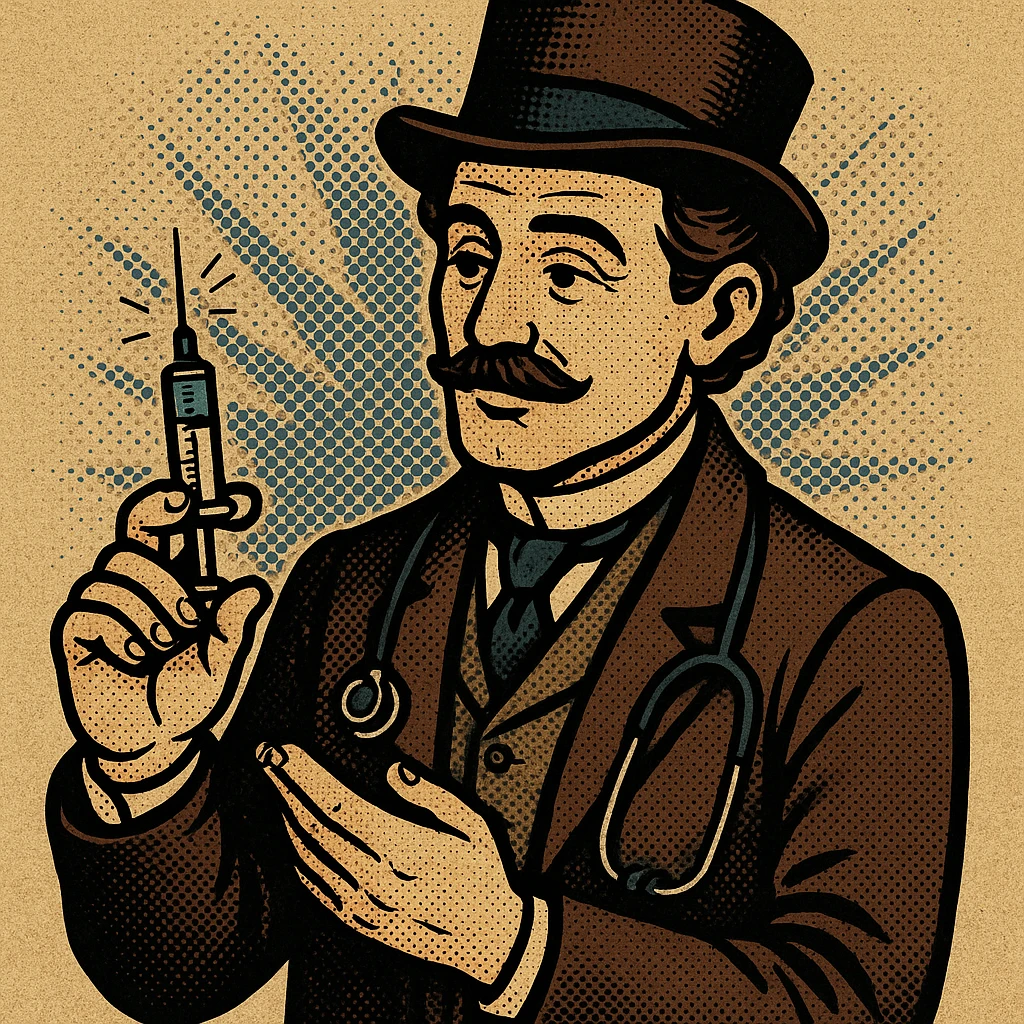 A caring looking victorian doctor holding a vaccination emoji