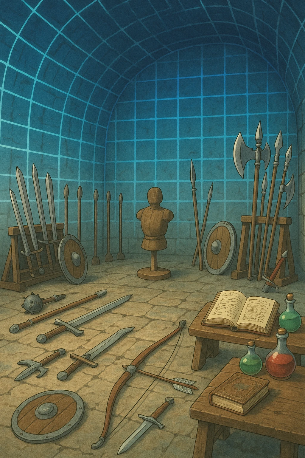 A virtual simulated training environment for combat drills, configured with swords, daggers, axes, maces, halberds, bow and arrows, and shields, as well as spell books and potions  emoji