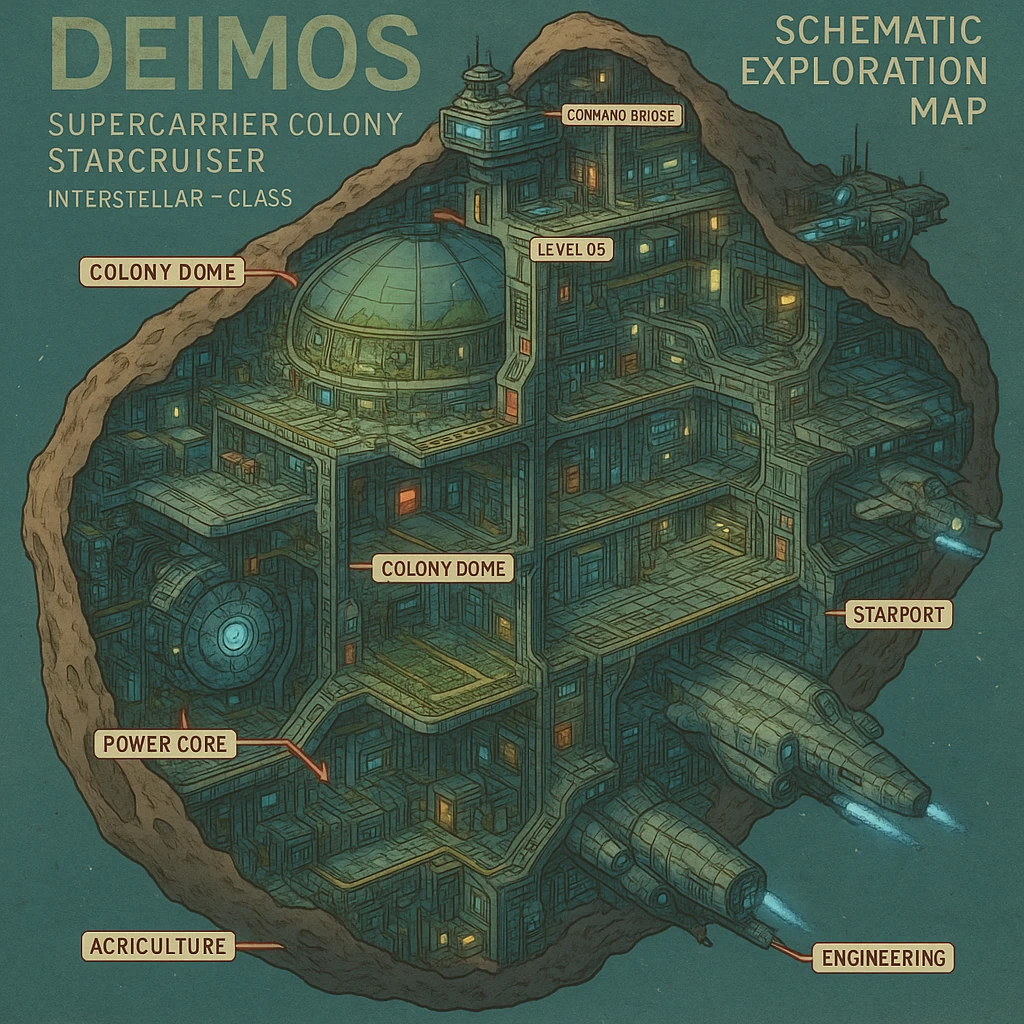 futuristic cyberpunk schematics cutaway exploration map of a supercarrier colony starcruiser, interstellar class, built within a monolithic asteoid - the Deimos emoji