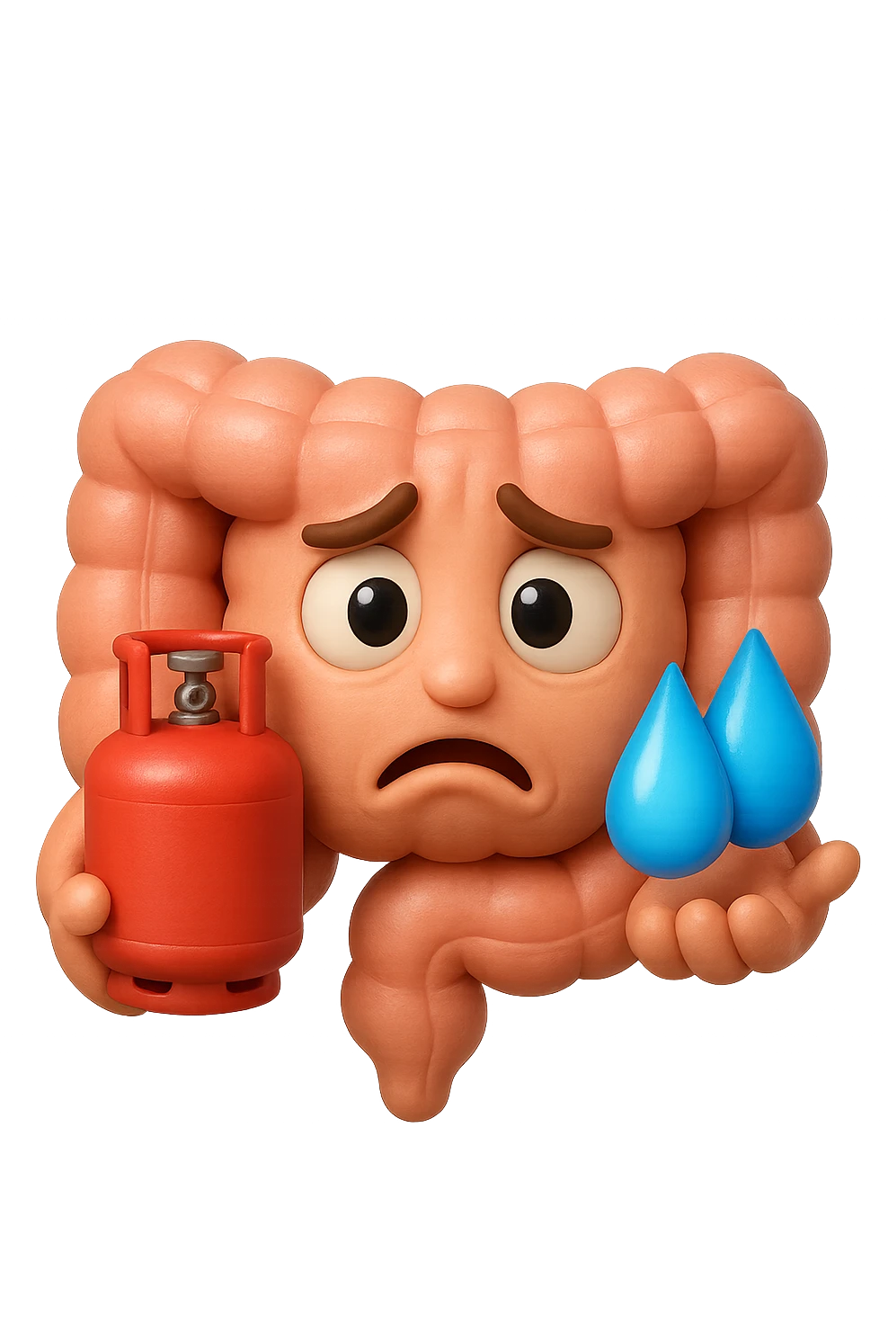 EMOJI STILE IPHONE DI un'intestino preoccupato che ha una bombola di gas in mano e due gocce di acqua in 3d nell'altra mano, IPERREALISTICO 4K emoji