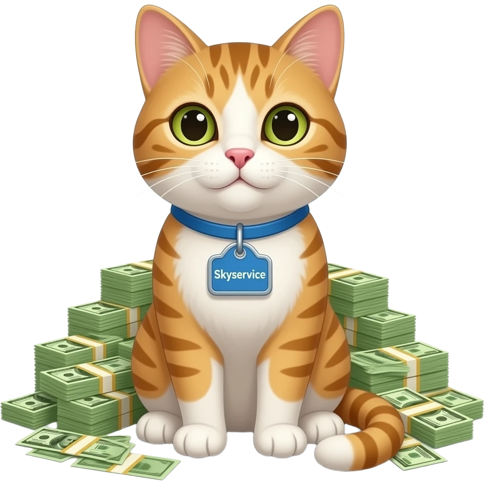 cat with "Skyservice" tag and much money emoji