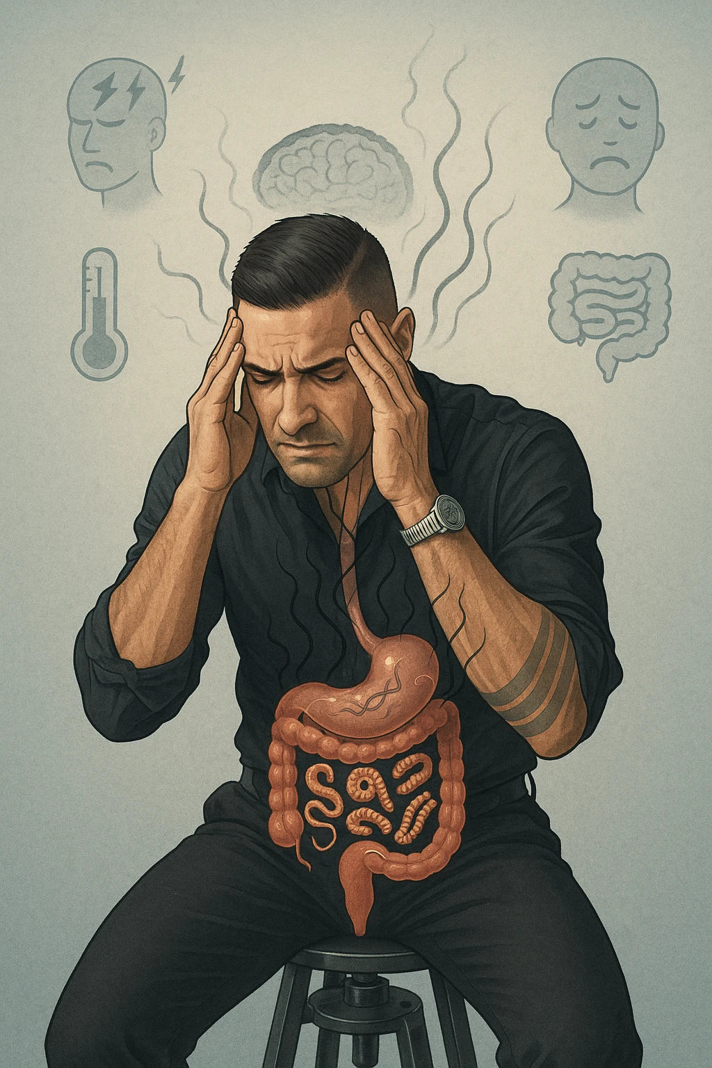 a person sits with a troubled expression, holding their head in their hands. A transparent overlay on their body reveals stylized images of parasites in the digestive tract, while faint, shadowy tendrils extend upward toward the brain, symbolizing the psychological impact. The background is clinical and educational, with subtle icons representing both physical and mental symptoms. emoji