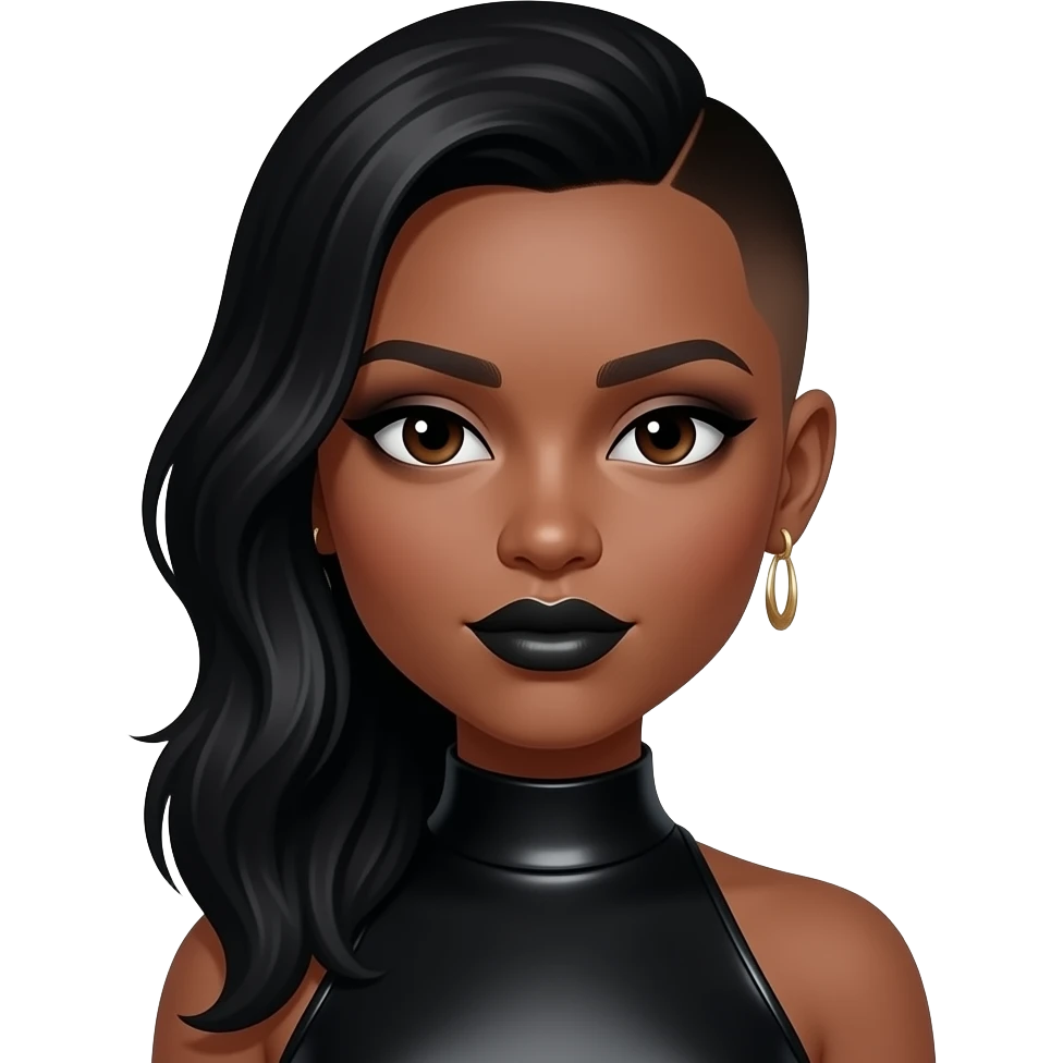 Kaylen from Glamour with medium dark skin, dark brown eyes, black hair, one side long, one buz cut, black eyeshadow, black lipstick, black metallic high neck dress, earrings emoji