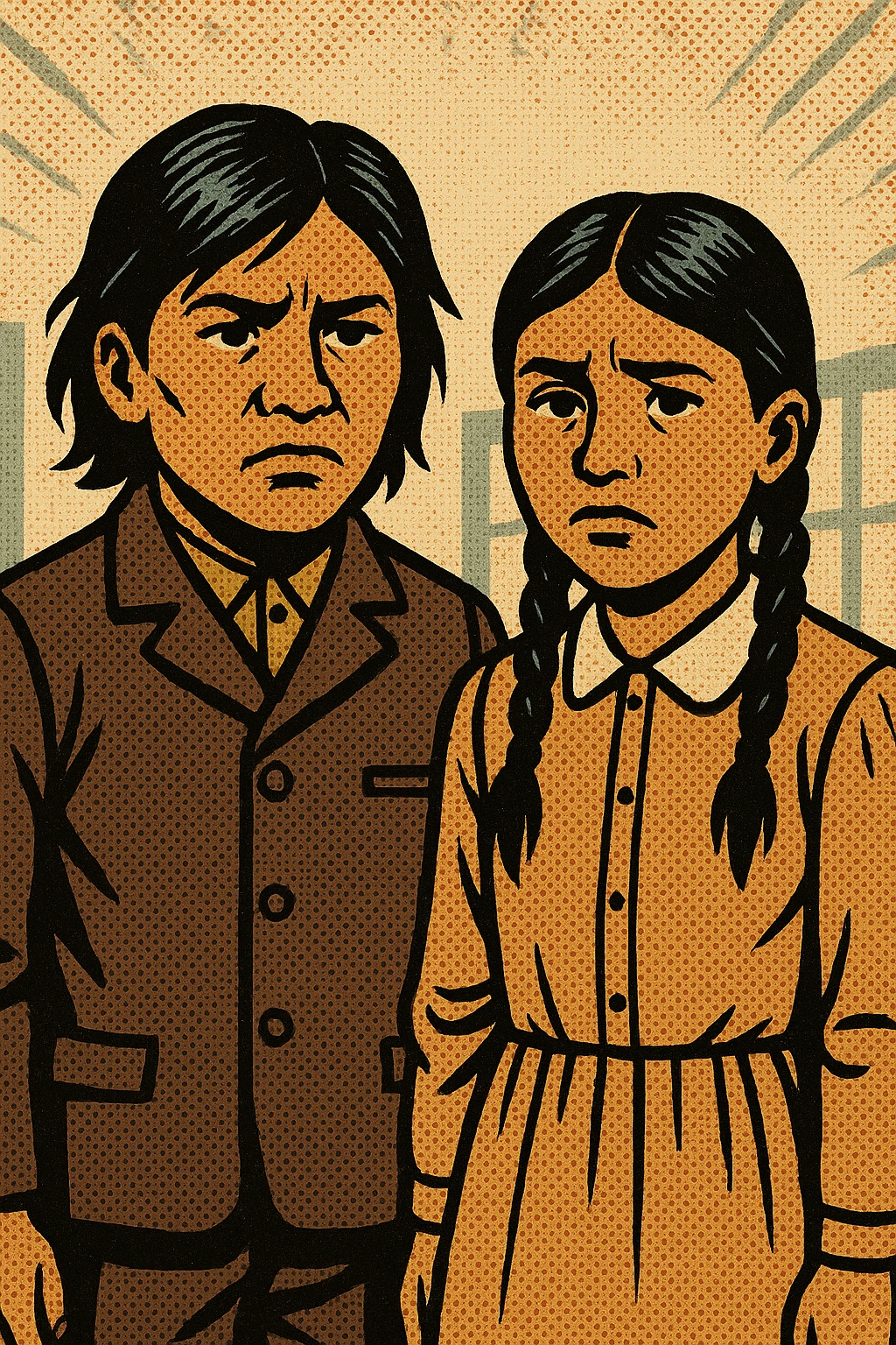 A native american boy and girl standing next to each other dressed in American style clothing from the 1880s in the Carlisle Indian School looking unhappy.  emoji