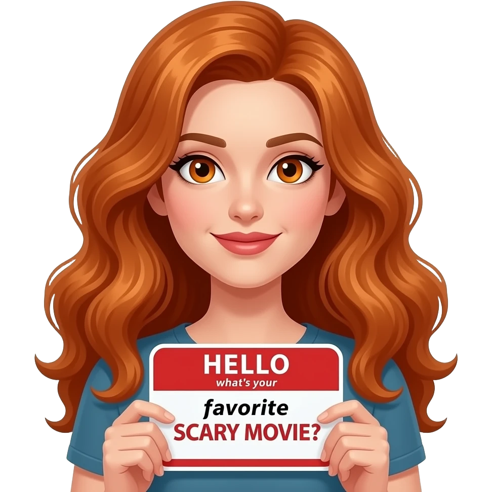 sexy girl with long wavy ginger hair and ginger eyes wearing a top is holding a HELLO... what's your favorite SCARY MOVIE? sign emoji