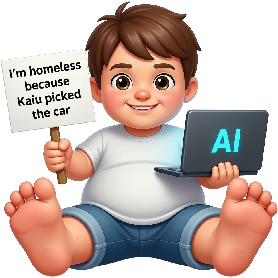 make a ugly brown haired kid with a sign that says im homeless because kaiu picked the car and make him have massive feet and make sure hes fat make him have chubby cheeks and make him smirking and make him stupid and make him have a computer with ai on it emoji