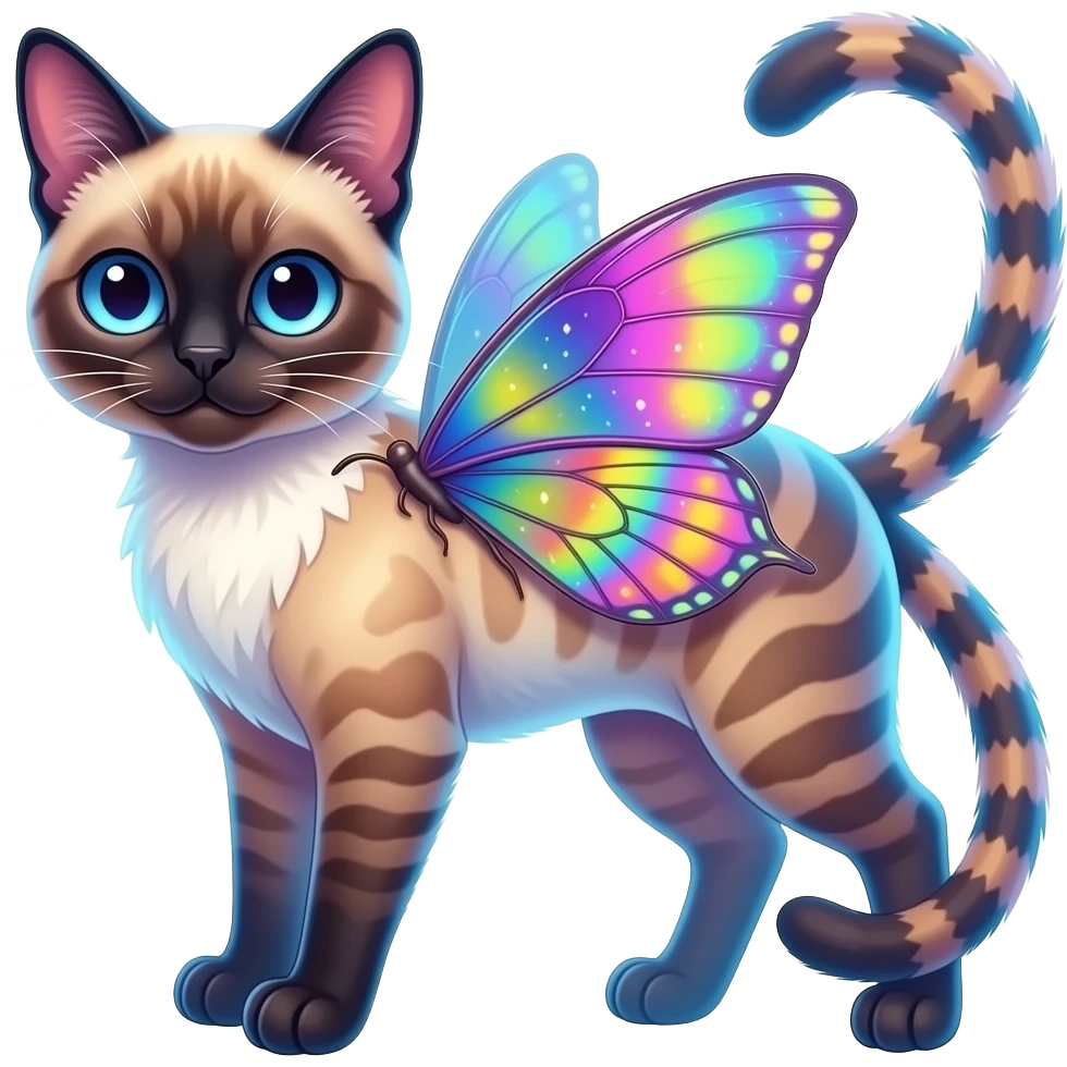 Colorful Neon exotic ethereal iridescent tropical shiny Fantasy-Siamese-Bobcat-Caracal-Moth-Scottish-Fold-feline-Fakémon-feline-hybrid (full body) emoji