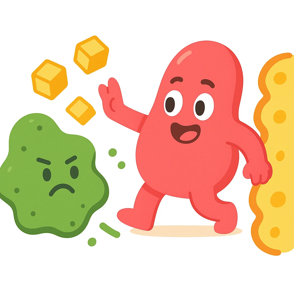 Ultra-detailed emoji-style illustration of enzyme digestion: Red amylase breaking green starch into sugars near a yellow cell membrane. Clean white background, no text. Scientific but simple, cartoon-exact shapes emoji