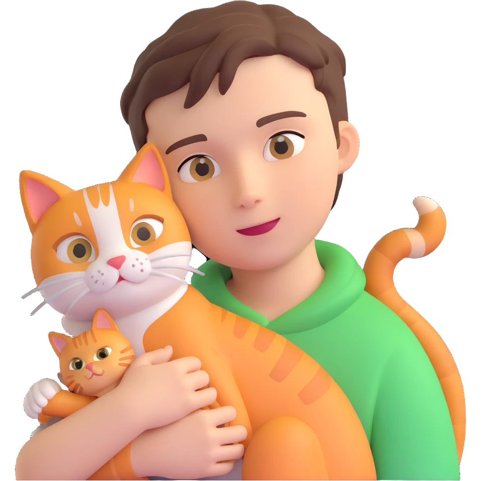 boy and cat pet in forrest background, close up pose emoji