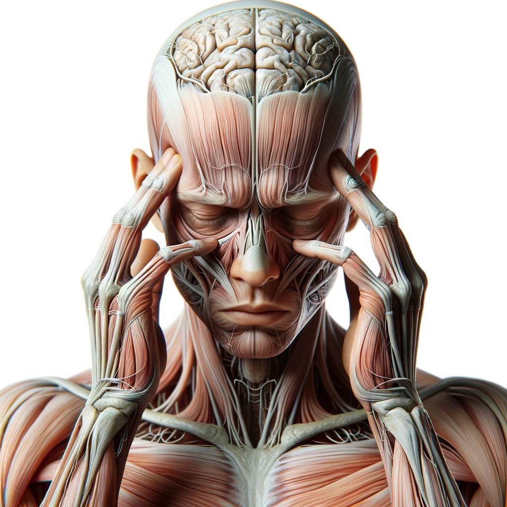 corpo umano anatomico con espressione stanca e stressata in volto, si tiene le dita sulle tempie per calmare il mal di testa, iperrealistico 4k, isolato su sfondo bianco emoji