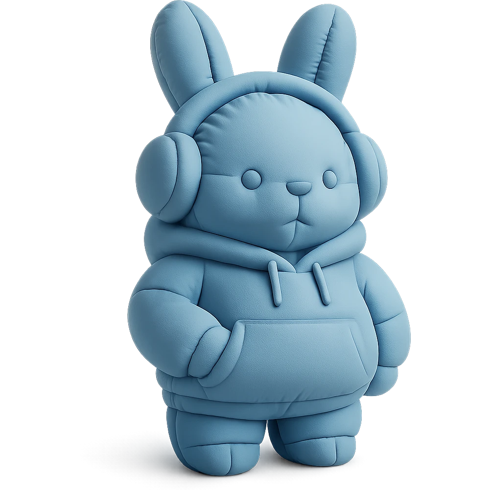 blue bunny in hoodie, one paw in pocket, headphones on, cushion style emoji