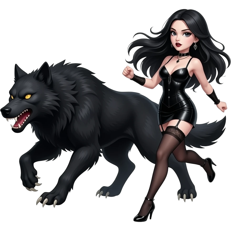 A dark sexy gothic woman running away from large black  werewolf fantasy realistic emoji