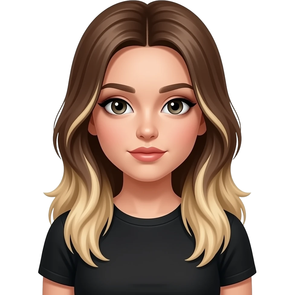 JN - teenage girl, lots of make up, very straight very long medium brown hair blonde at the tips, black crew neck t-shirt emoji