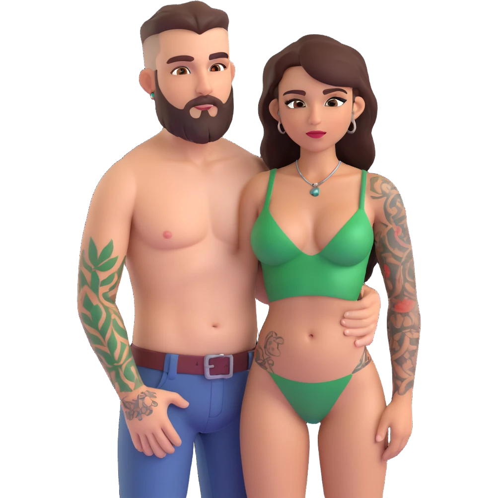 Short Brown eyed Latina woman with pierced nipples, small breasts and tattoos having sex with a tall white man with green eyes and a beard for Christmas emoji