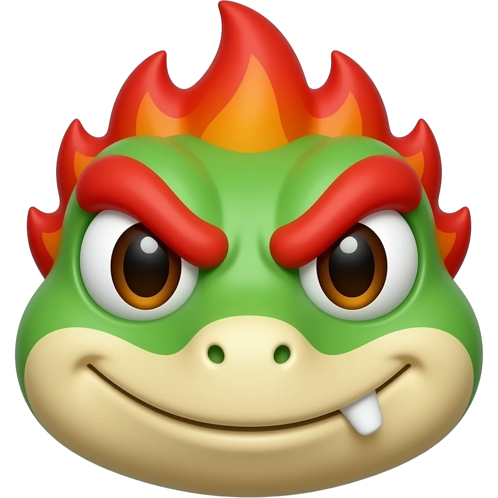 cute 3D reptile emoji head, mischievous smirk, green top and beige face, big round snout, small fang tooth, expressive eyes, thick red angry eyebrows, red spiky flame hair on top, glossy toy style, smooth shading, sticker with thick white outline, centered, blue gradient background emoji