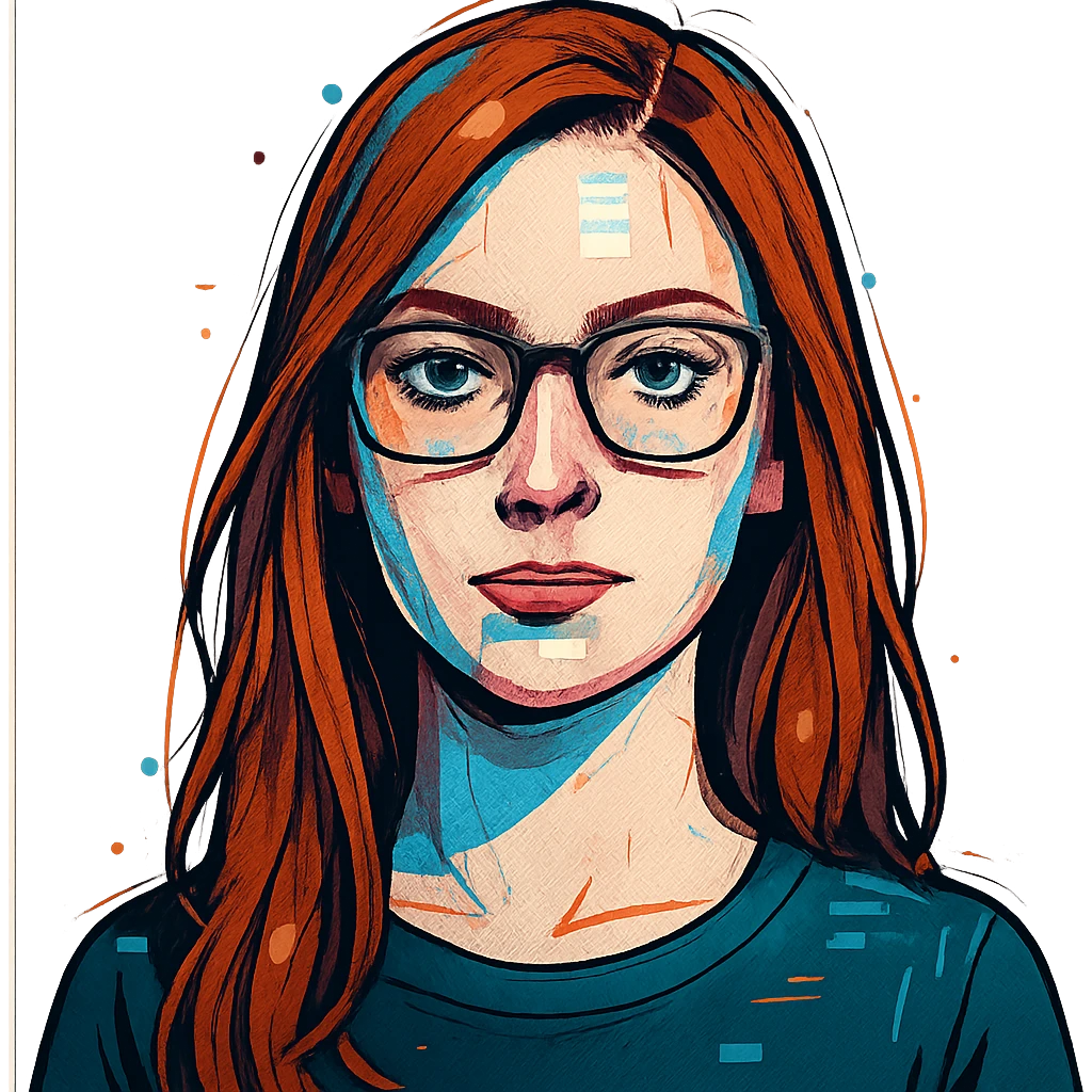 digital style avatar of woman with long copper hair, white skin, wearing glasses emoji