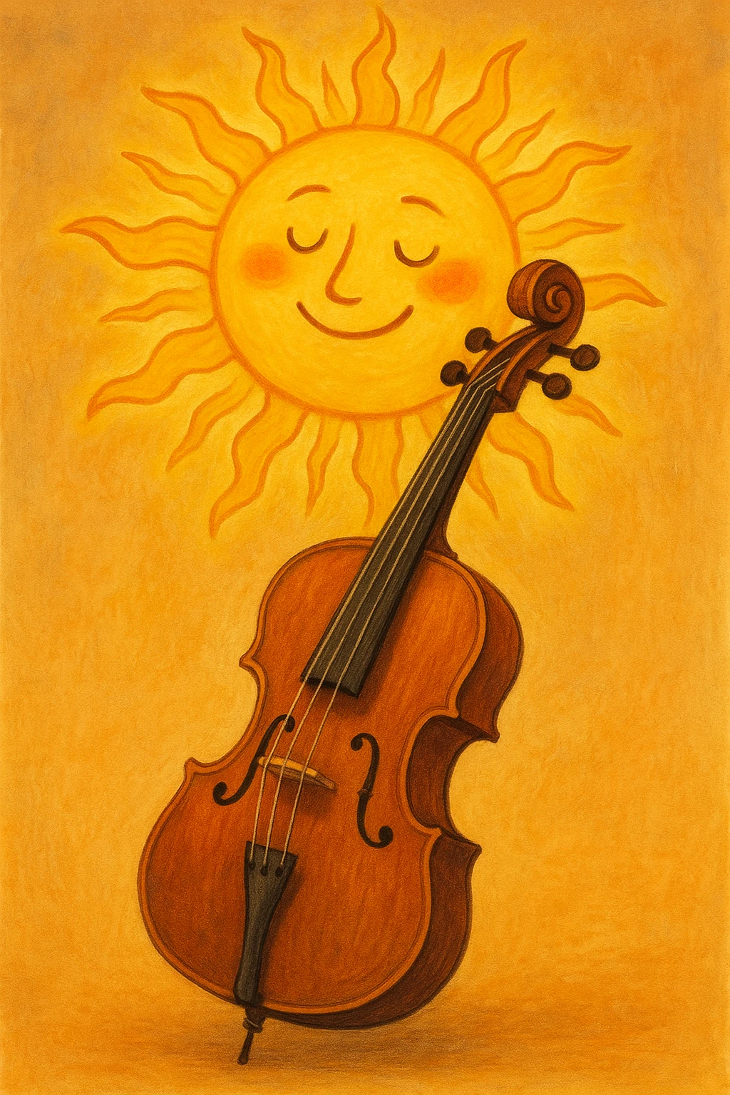 A cello with its upper half transforming into a glowing sun, warm yellow and orange tones, playful and surreal. emoji