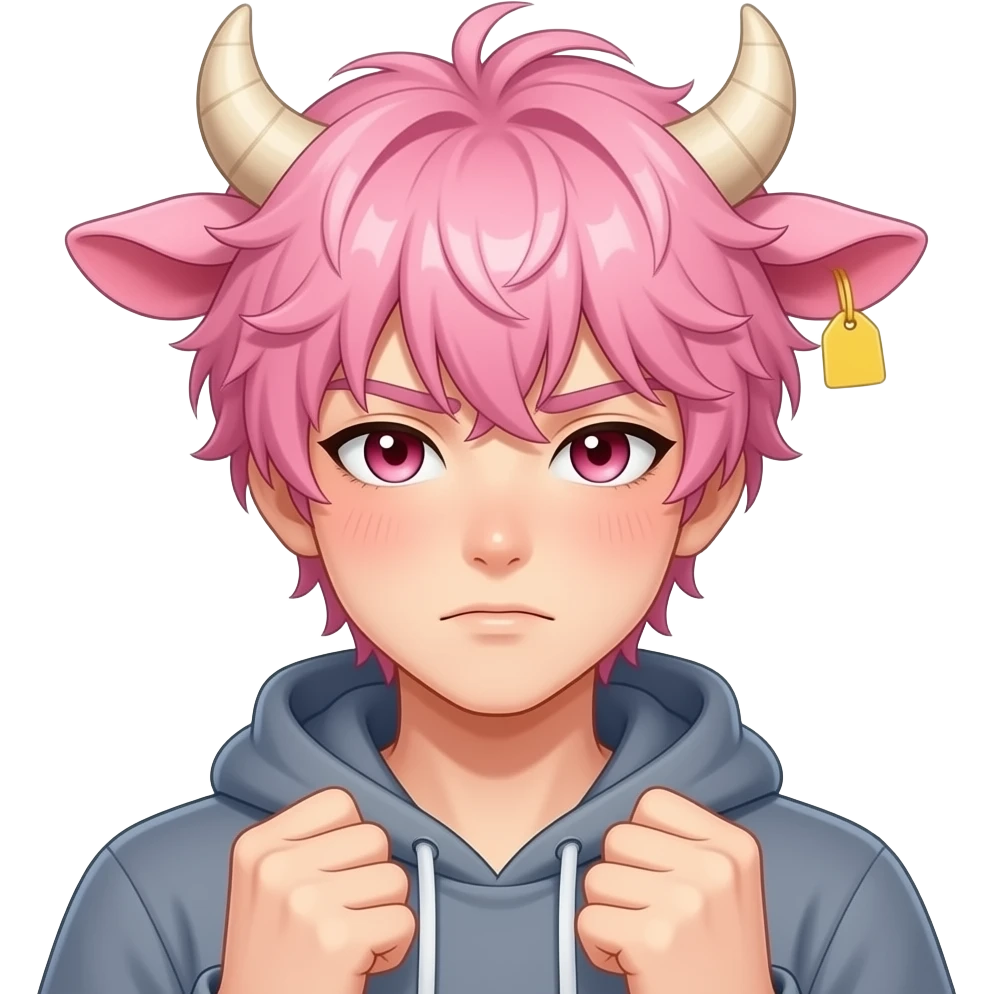 anime femboy with languid expression on the face  with messy cotton candy pink curvy bangs with cow horns and pink cow ears with pretty white eyelashes and blus with yellow tag in his cow ear a bright red blush on his cheeks presses fists to chest emoji
