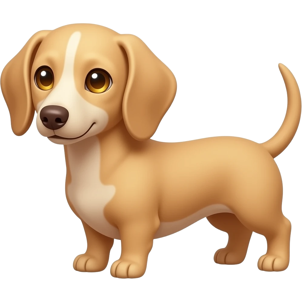 A small and thinnish dachshund with a cream/blonde colored, short haired coat; with gold colored eyes and a pinkish brown colored nose; has a small white mark on its chest emoji