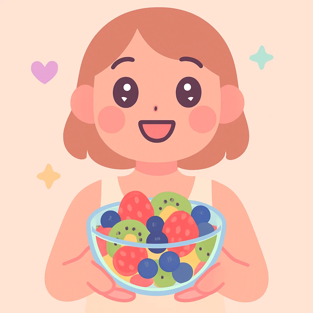 A cheerful person holding a glass bowl of colorful fruit salad, with vibrant pieces of strawberries, kiwis, and blueberries visible. The person should be wearing a casual, light-colored tank top, and have a friendly, bright smile as they prepare to take a bite with a spoon. emoji
