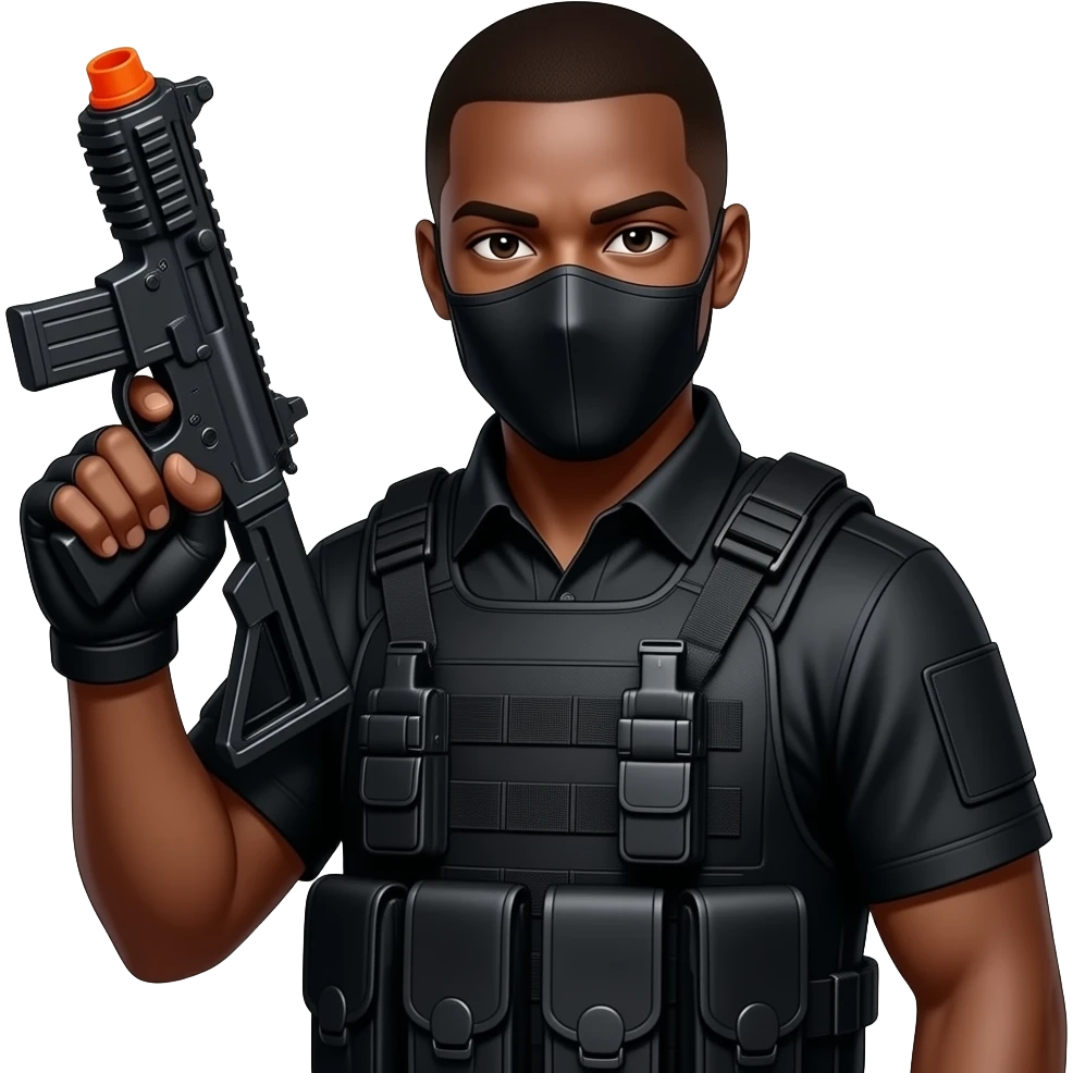 Make him appear to be African-American in all black, but make him holding a water gun wearing a mask emoji