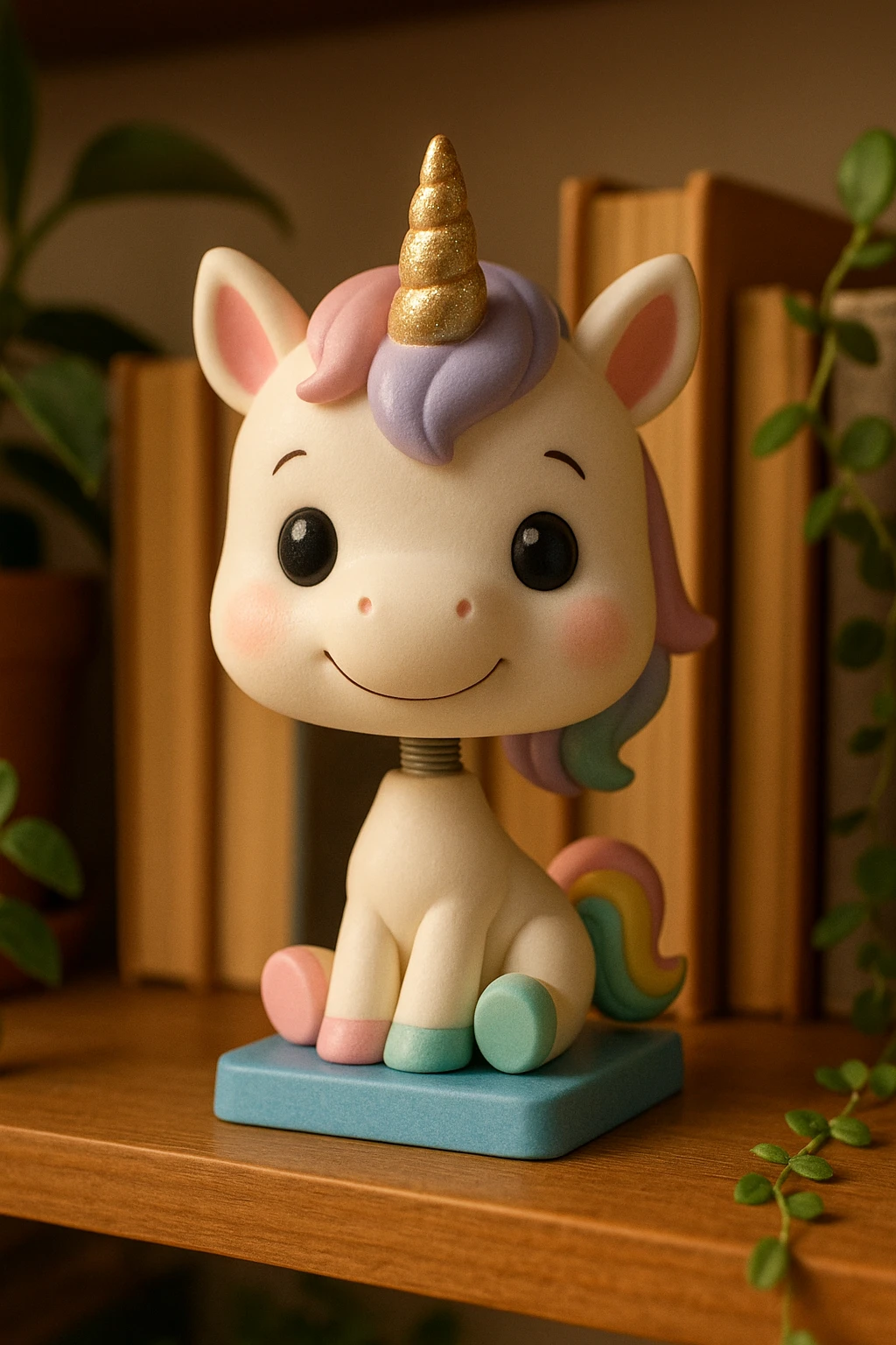 a unicorn bobblehead, pastel colors, sparkly horn, cute expression emoji