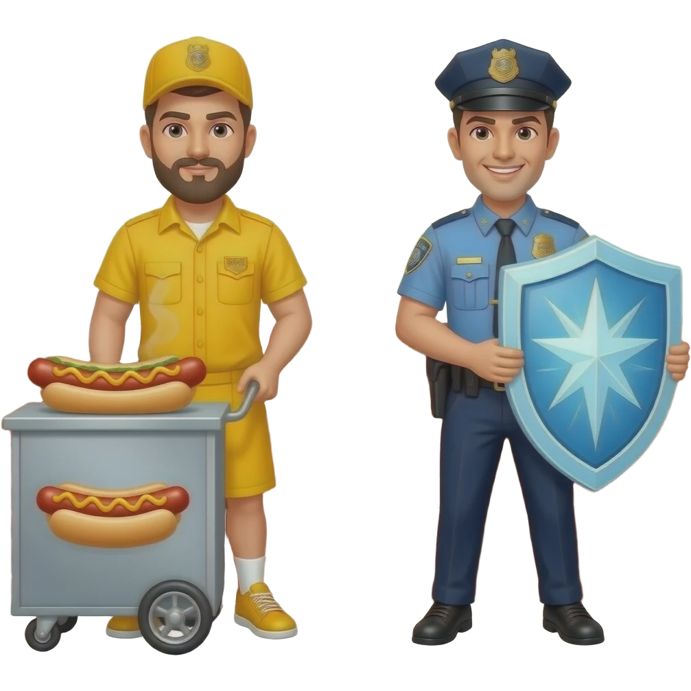 Two people standing on two different sides of a wall. One of the guys is a hot dog seller. The other guy is a ice agent smirking devilishly emoji