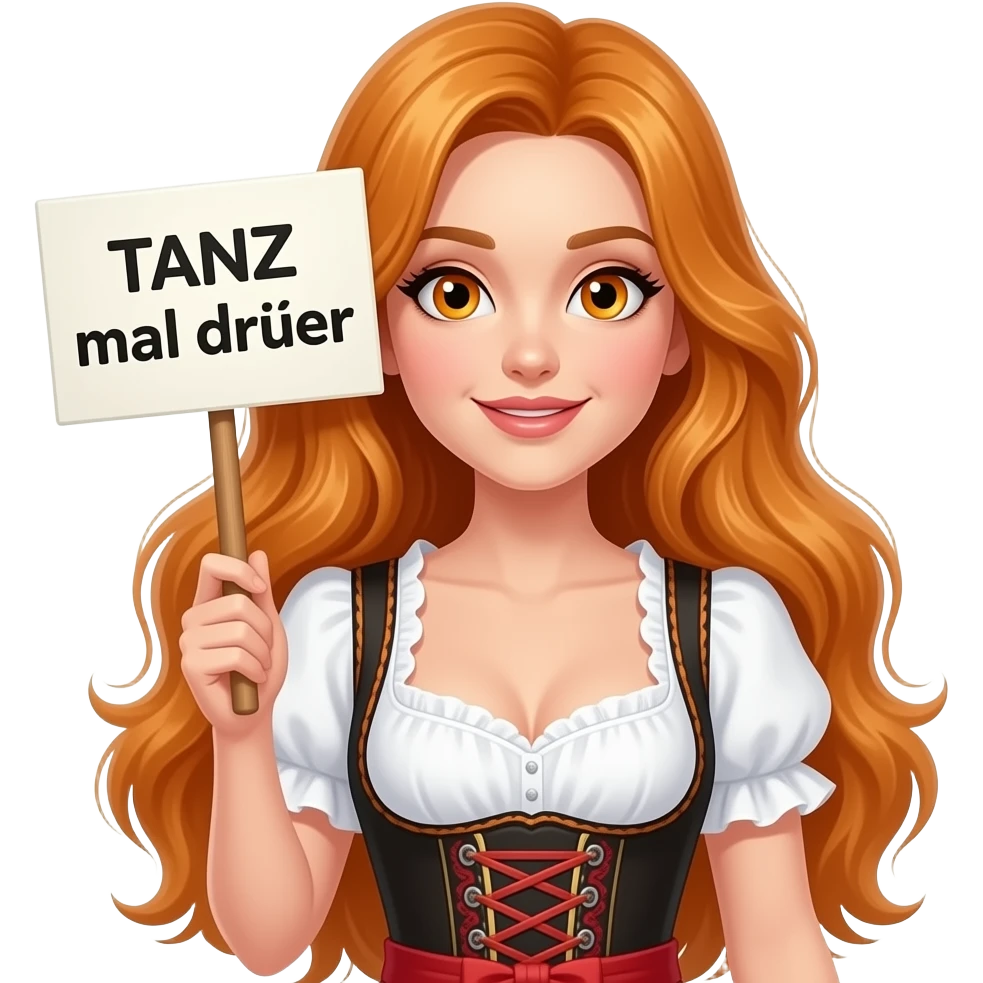 sexy girl with overlong ginger hair and ginger eyes wearing a dirndl holding TANZ mal drüber nach sign emoji