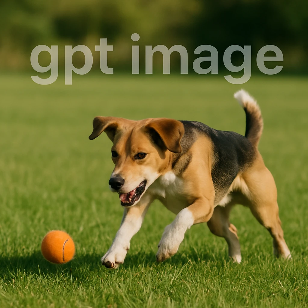  logo with text "gpt image" on the background of a dog chasing ball, realistic image emoji