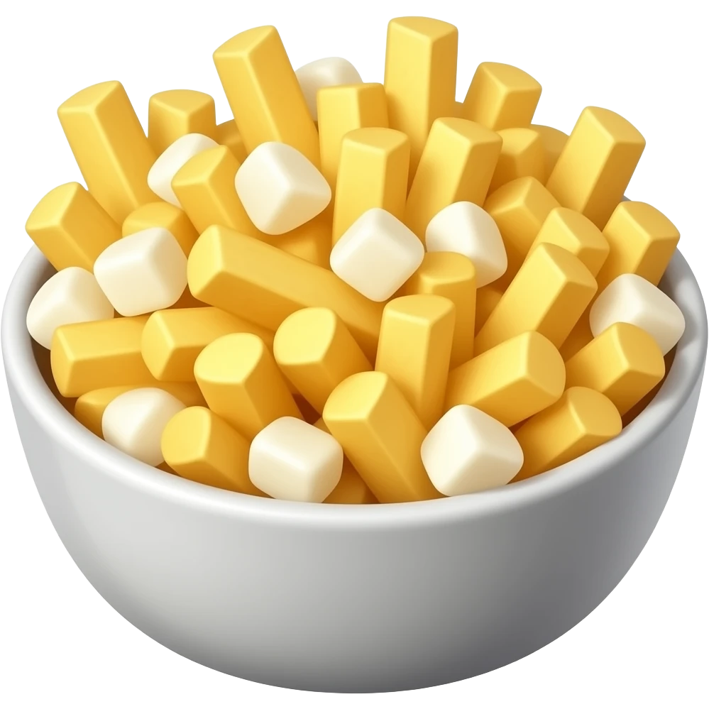 French fries in a bowl mixed with white cheese curds emoji