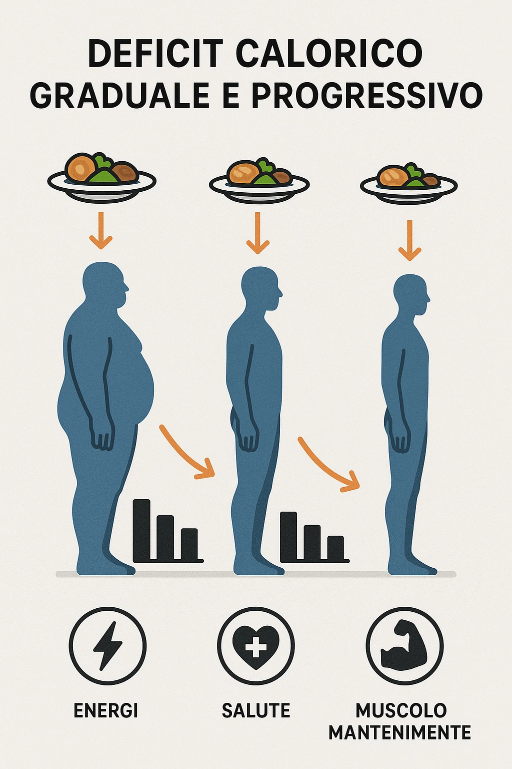 una sequenza di tre sagome umane affiancate, ognuna rappresenta una fase diversa di perdita di peso graduale. Sopra ogni figura, un piatto mostra porzioni di cibo bilanciate ma leggermente ridotte. Frecce e grafici illustrano una diminuzione lenta e costante dell’apporto calorico giornaliero, con icone che rappresentano energia, salute e mantenimento della massa muscolare. Sfondo pulito e moderno, con etichette chiare che spiegano “deficit calorico graduale e progressivo” emoji