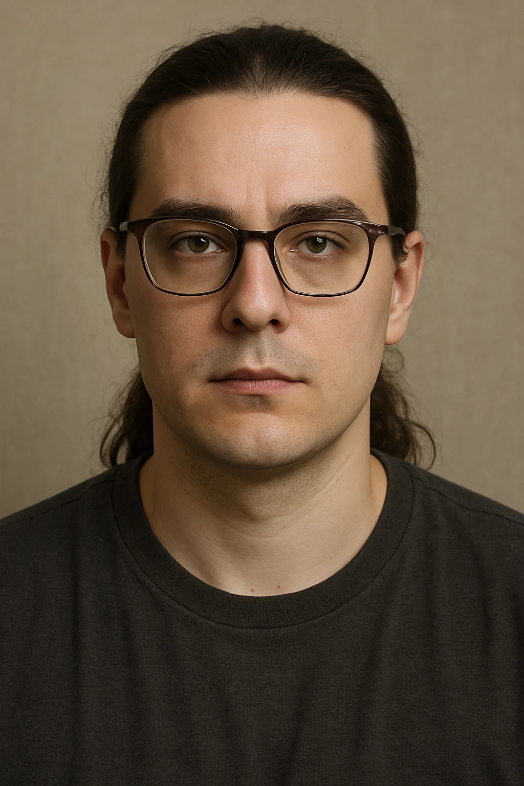 upper body portrait of a person with long pulled back dark brown hair, hazel eyes, and glasses, neutral expression emoji