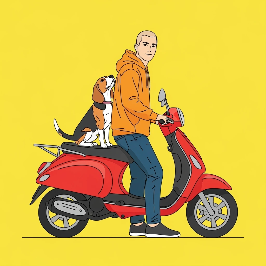color vector art with thin outline of man and pet dog riding a scooter emoji