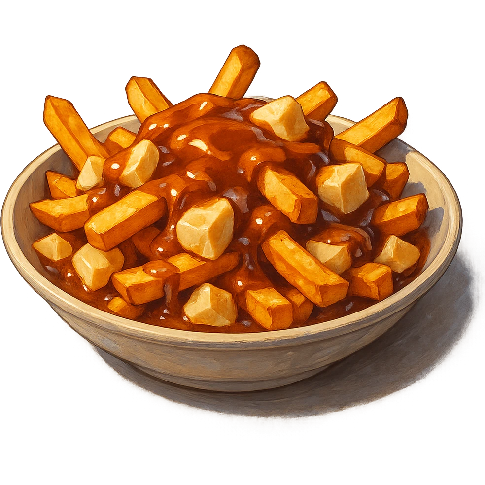 В слега рисованном, но при этом ярком и объемном стиле сгенерируй картинку сочного американского канадского блюда путин, профессионально выставленный свет, который подчеркивает объем, прозрачный фон emoji