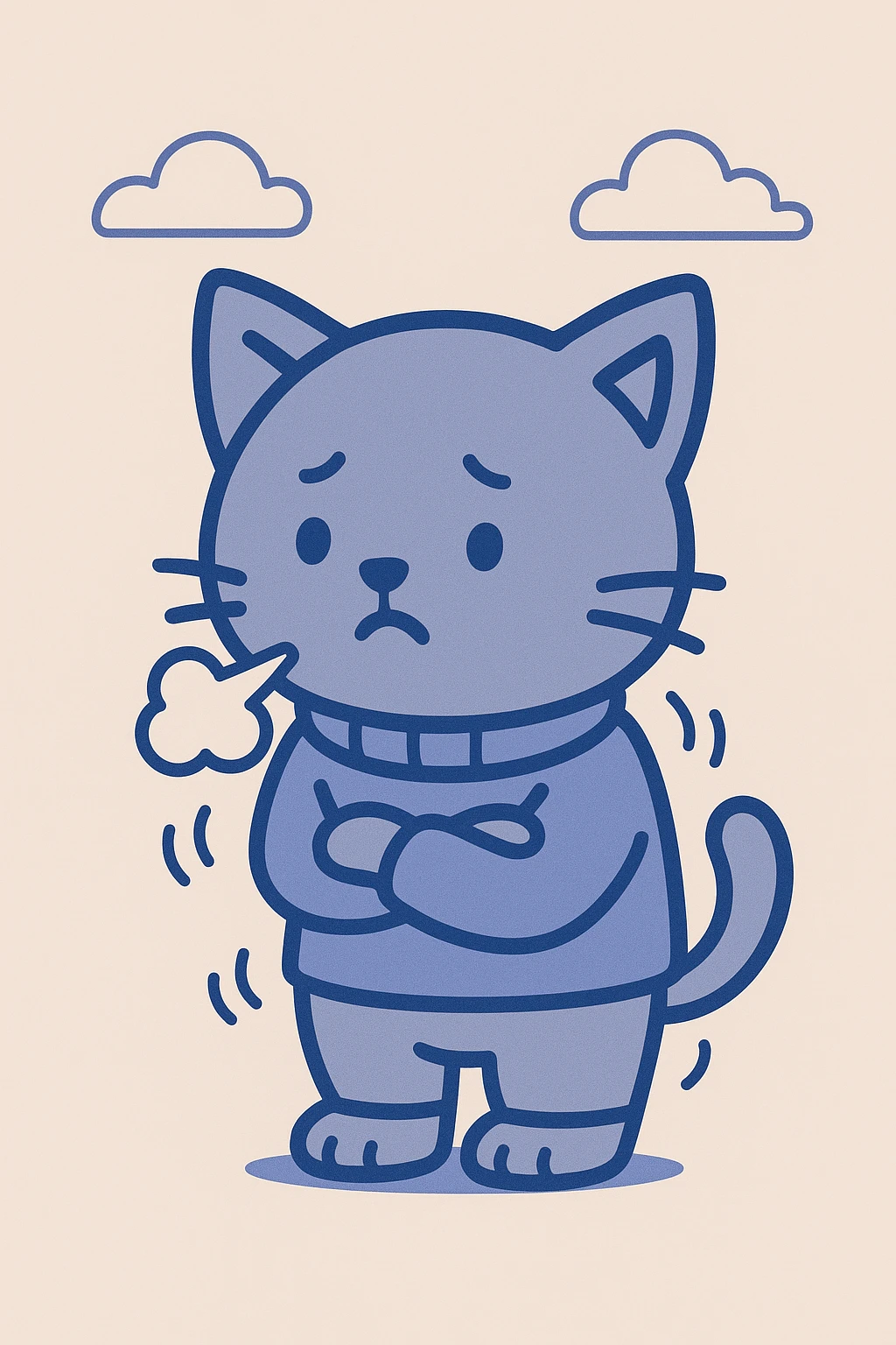 cartoon style kitten shivering with cold, blowing vapor from mouth, light blue background emoji