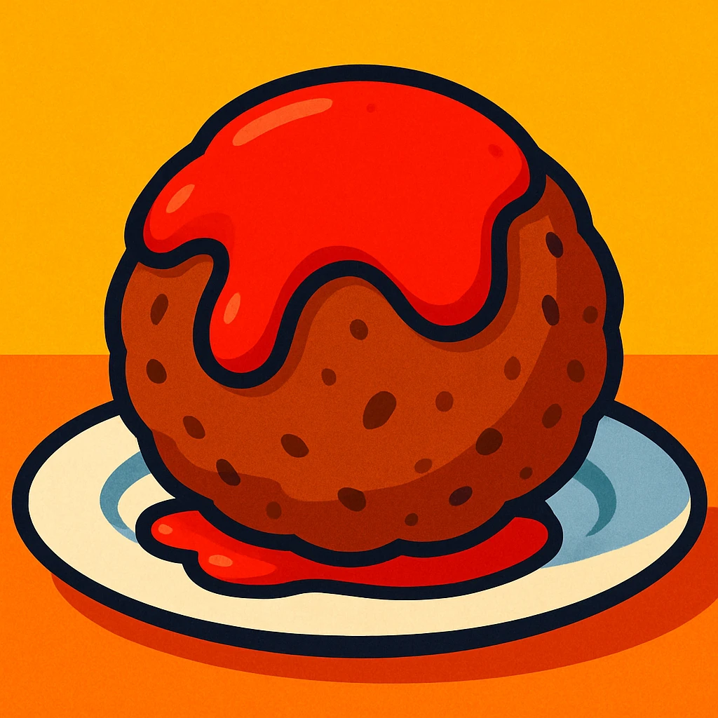 a meatball with tomato sauce on a plate, cartoon style, vibrant colors emoji