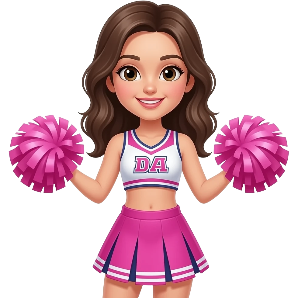girl with with wide shoulders wear a vibrant pink cheerlead outfit face close up and poom poom in hands emoji