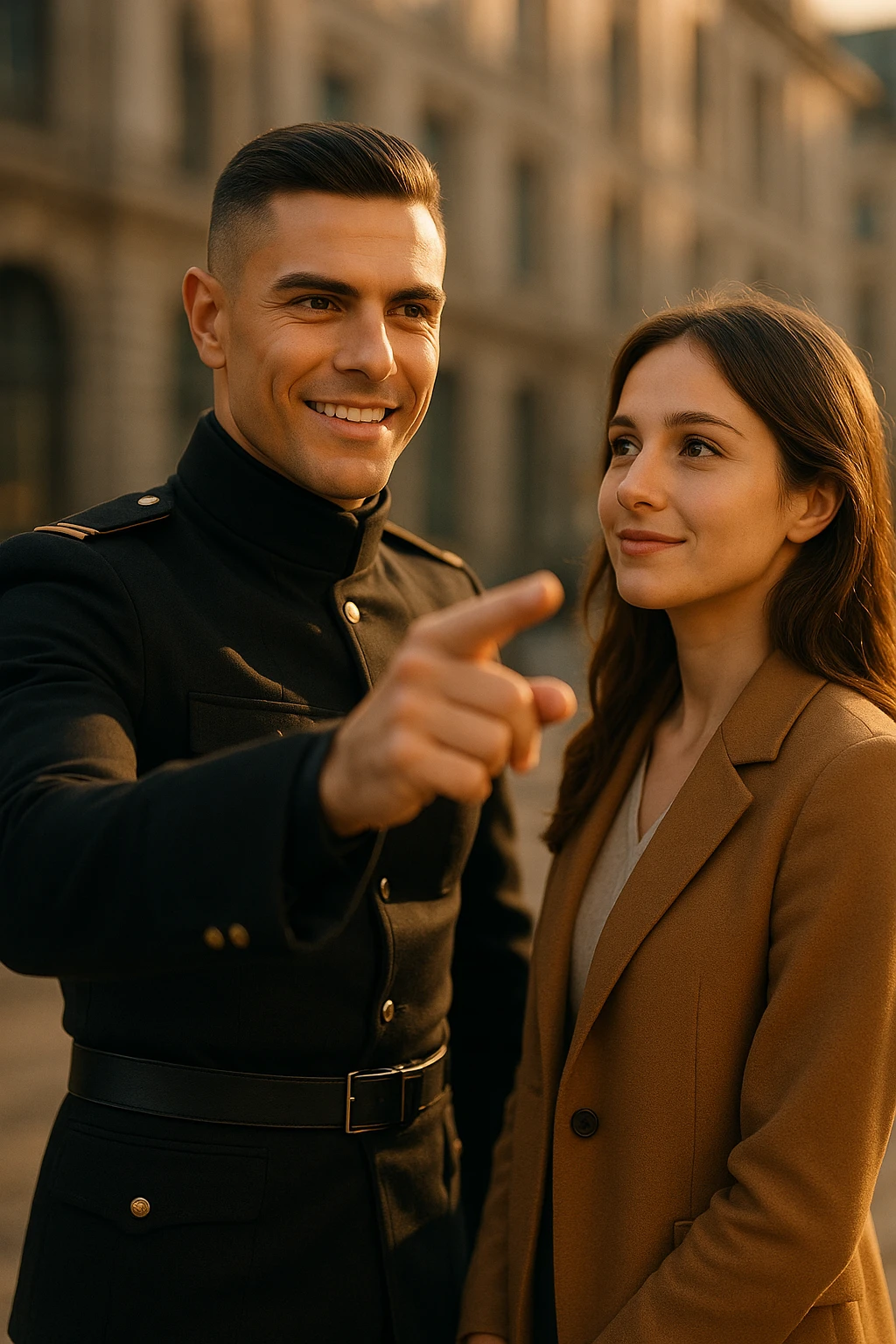 A confident man standing in front of a woman, gently pointing forward with a clear direction, showing leadership and confidence, the man is dressed sharply like a commander, the woman looks at him with trust, warm sunlight, cinematic lighting, high-resolution, realistic details, elegant urban background, depth of field, 50mm lens look. emoji