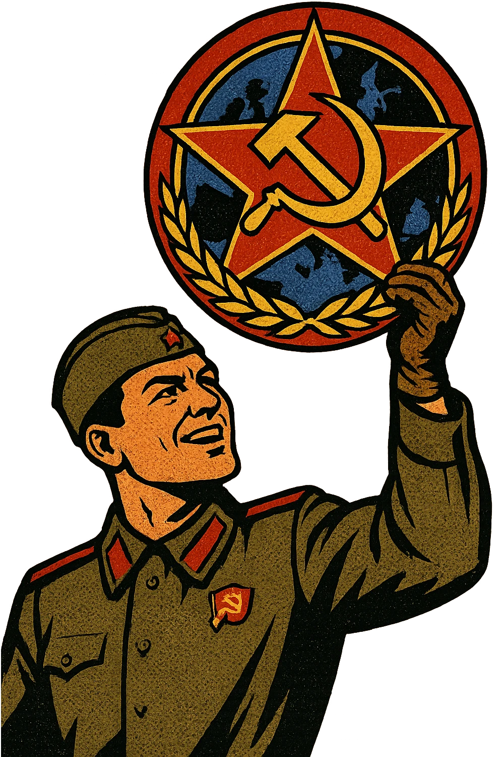 A 1940s Soviet male soldier with a communist party badge holding up a Warsaw Pact emblem emoji