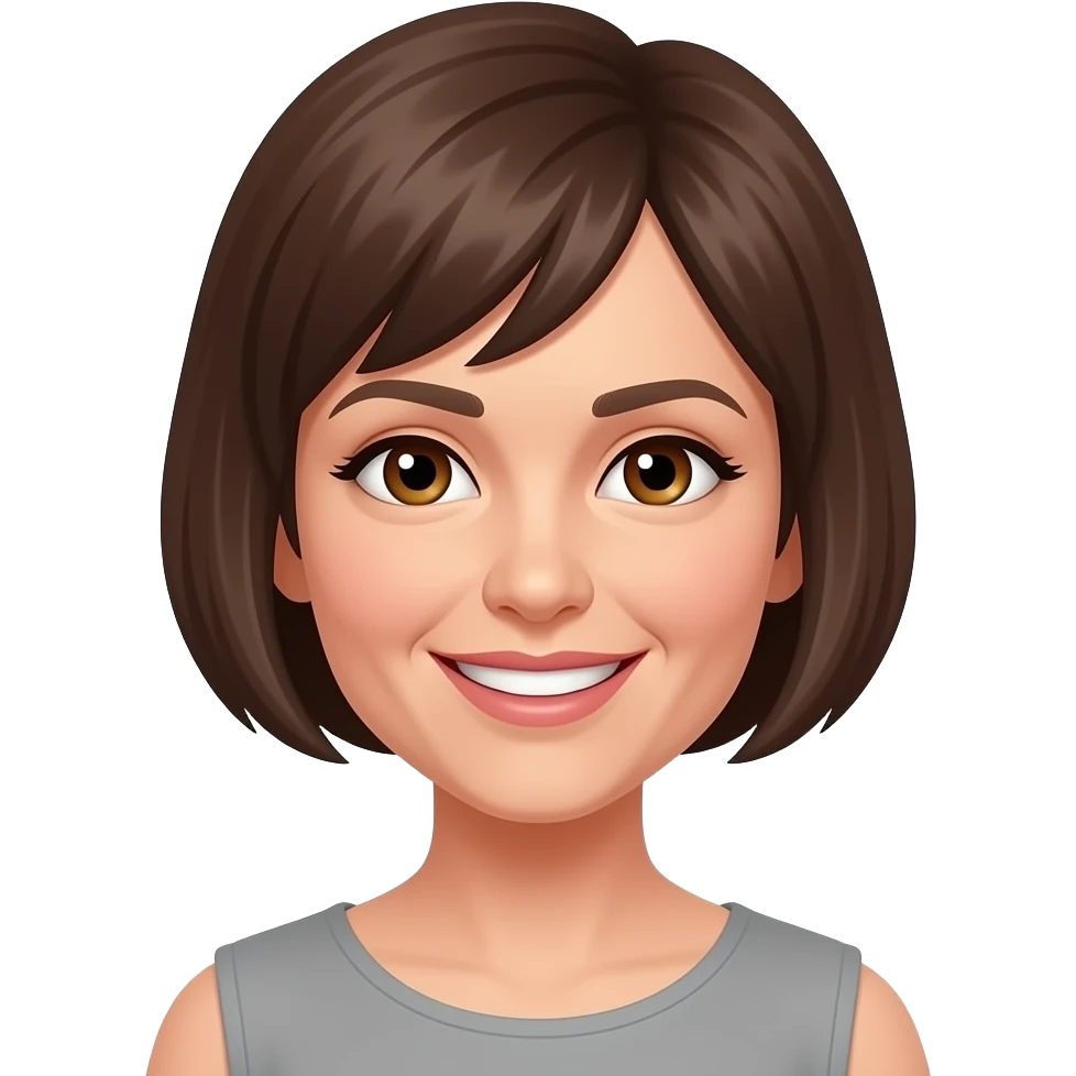 late 30's female with very short cropped hair, brown eyes, nice smile emoji