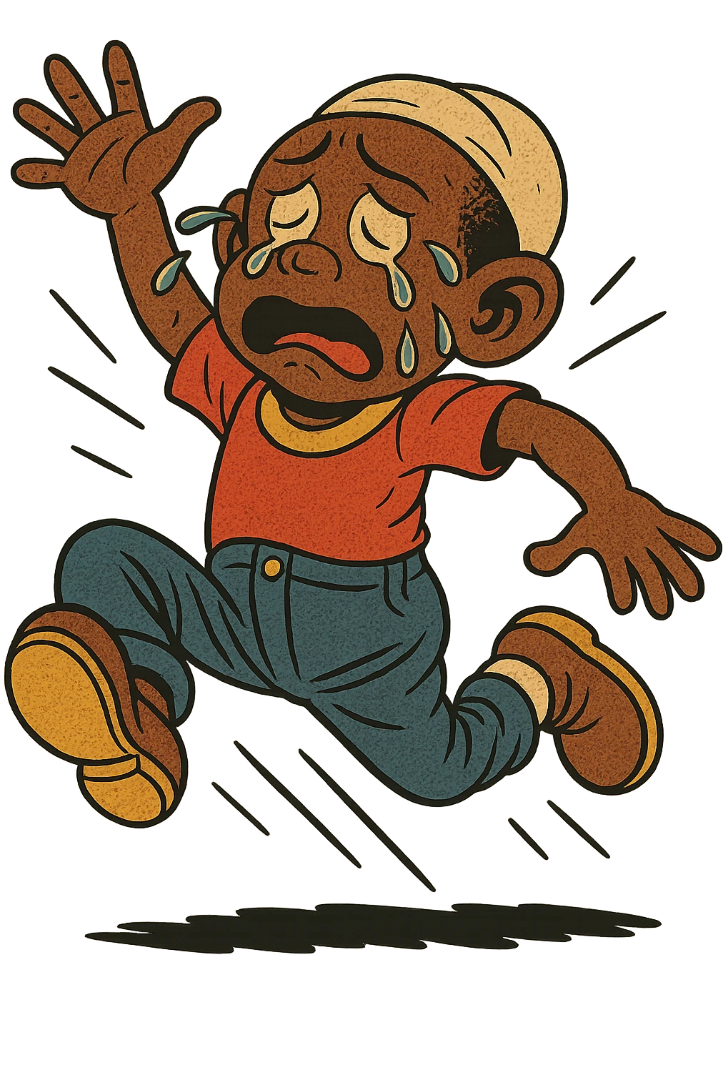 Memín Pinguín jumping and crying with big tears and a sad expression in classic comic style, transparent background. emoji