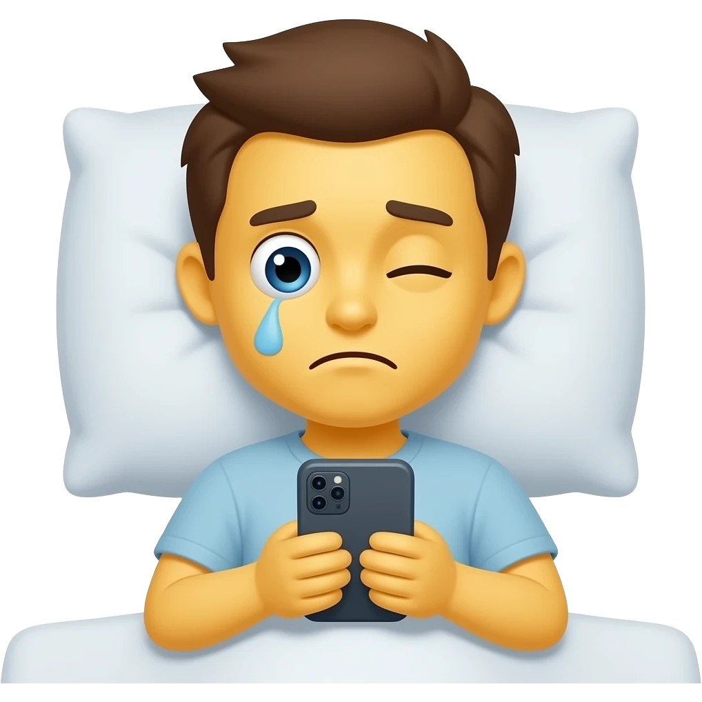 Yellow emoji face that looks tired with one eye open and one eye shut checking phone messages in bed emoji