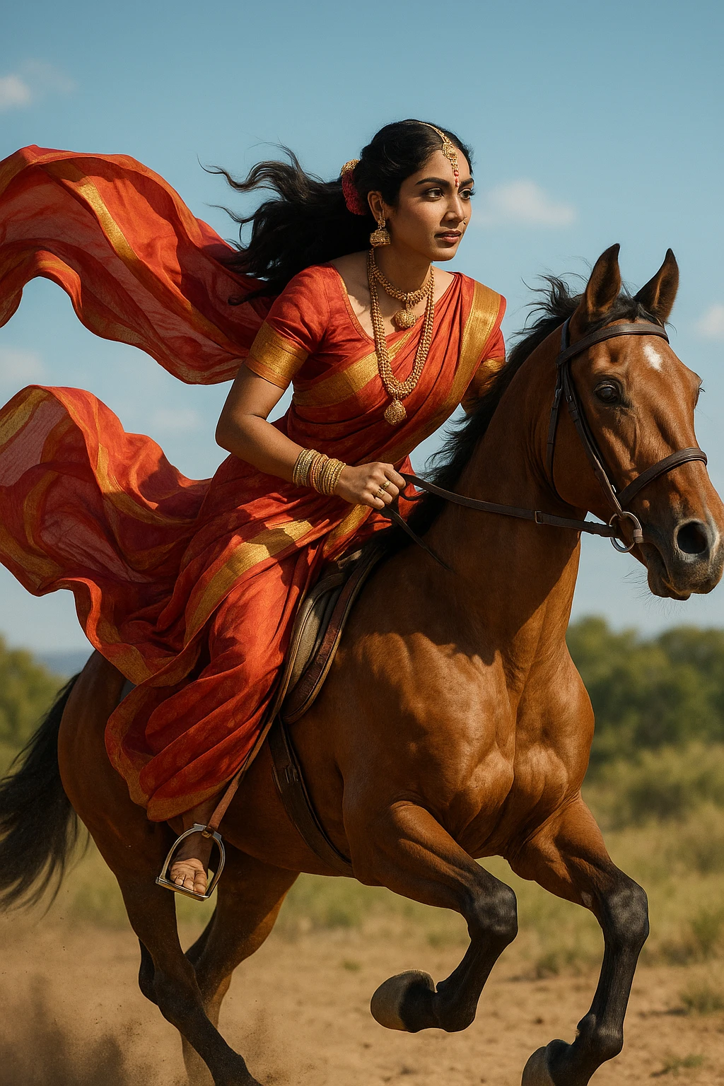 East Indian woman galloping on a horse, flowing sari, dramatic movement, ornate jewelry, lively scene, confident posture, sunlit environment emoji
