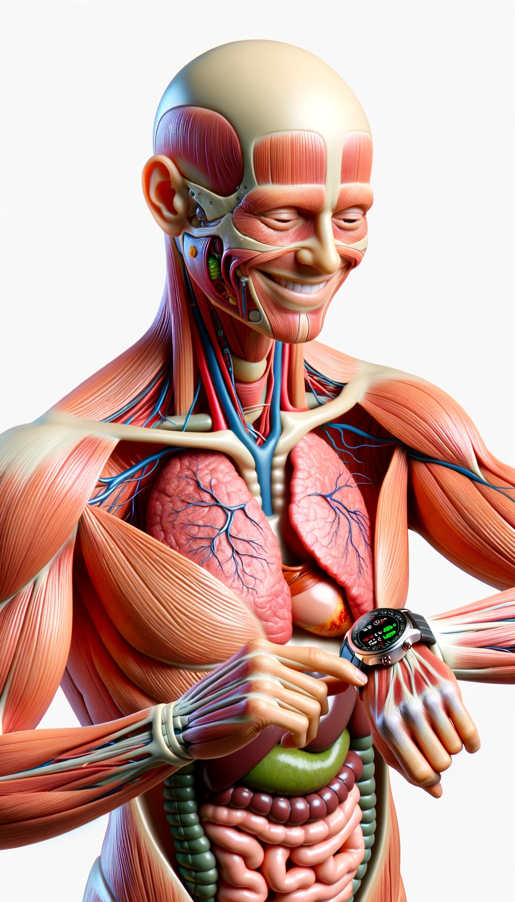 corpo umano anatomico sereno e felice che cammina mentre osserva il suo orologio contapassi, colori realistici del corpo e organi visibili, espressione soddisfatta, iperrealistica 4k, isolato su sfondo bianco emoji