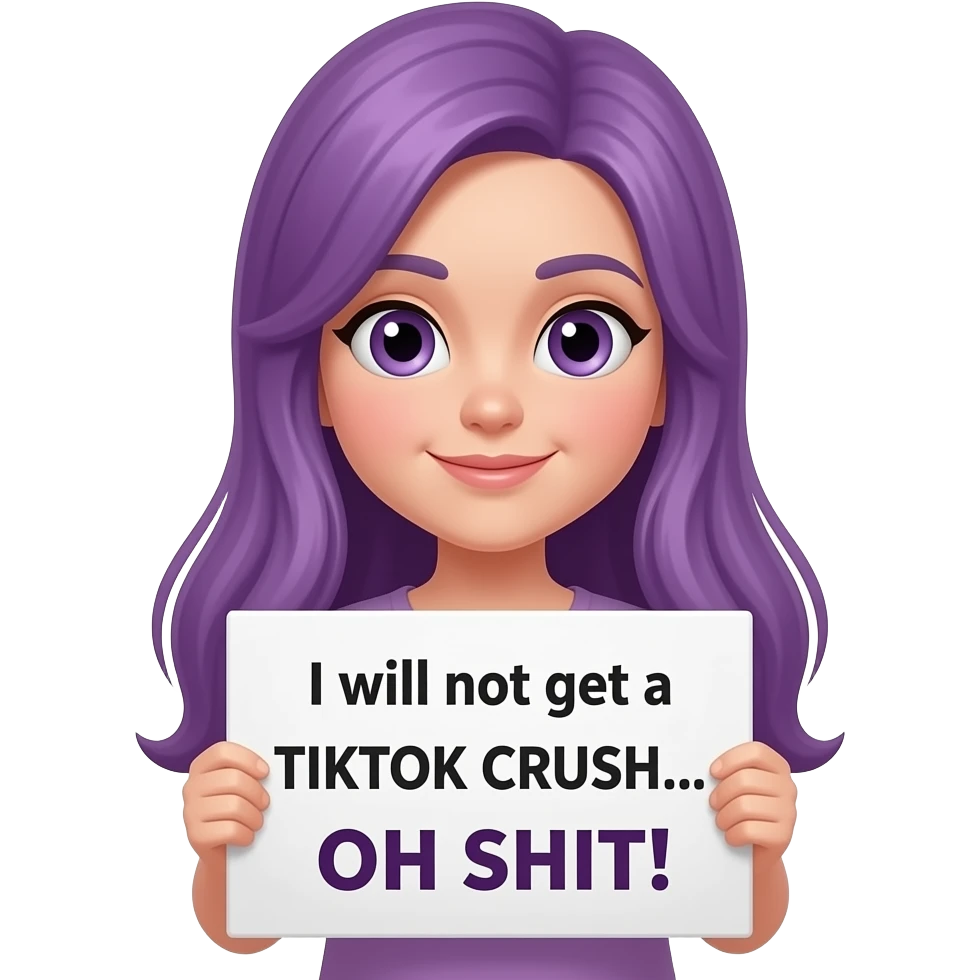 girl with long purple hair with a I will not get a TIKTOK CRUSH.... OH SHIT! sign emoji