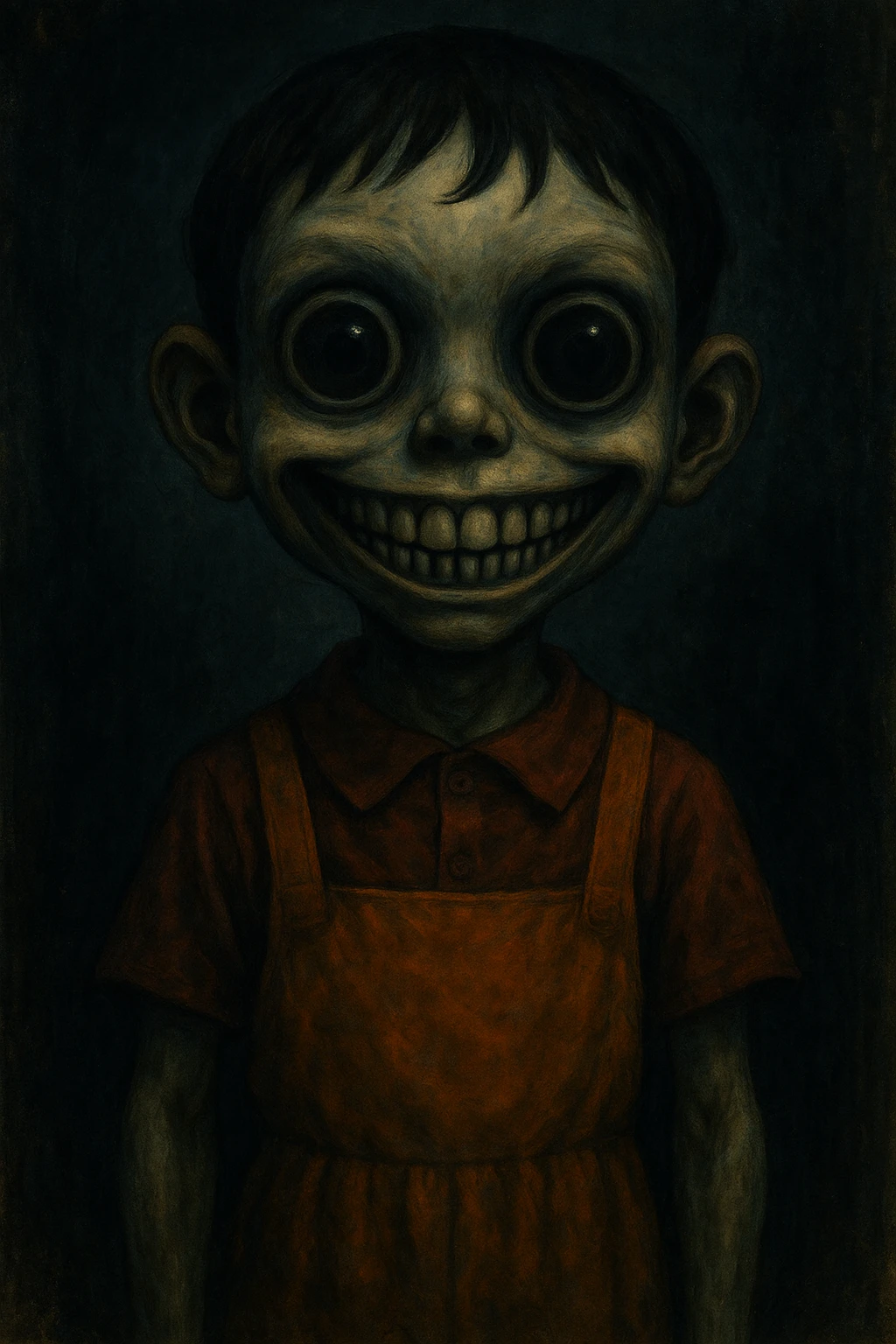 scary boy doll with a wide, unsettling smile, inspired by Squid Game, in a stylized, surreal art style emoji