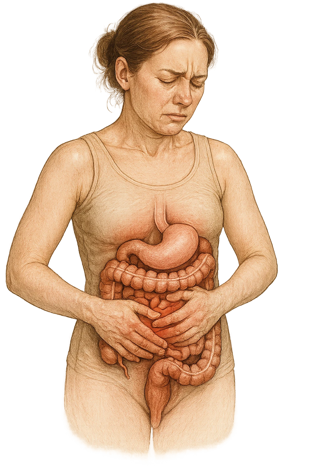 DONNA CON PANCIA DOLORANTE E INTESTINO UMANO ANATOMICO VISIBILE, ISOLATO SU SFONDO BIANCO emoji