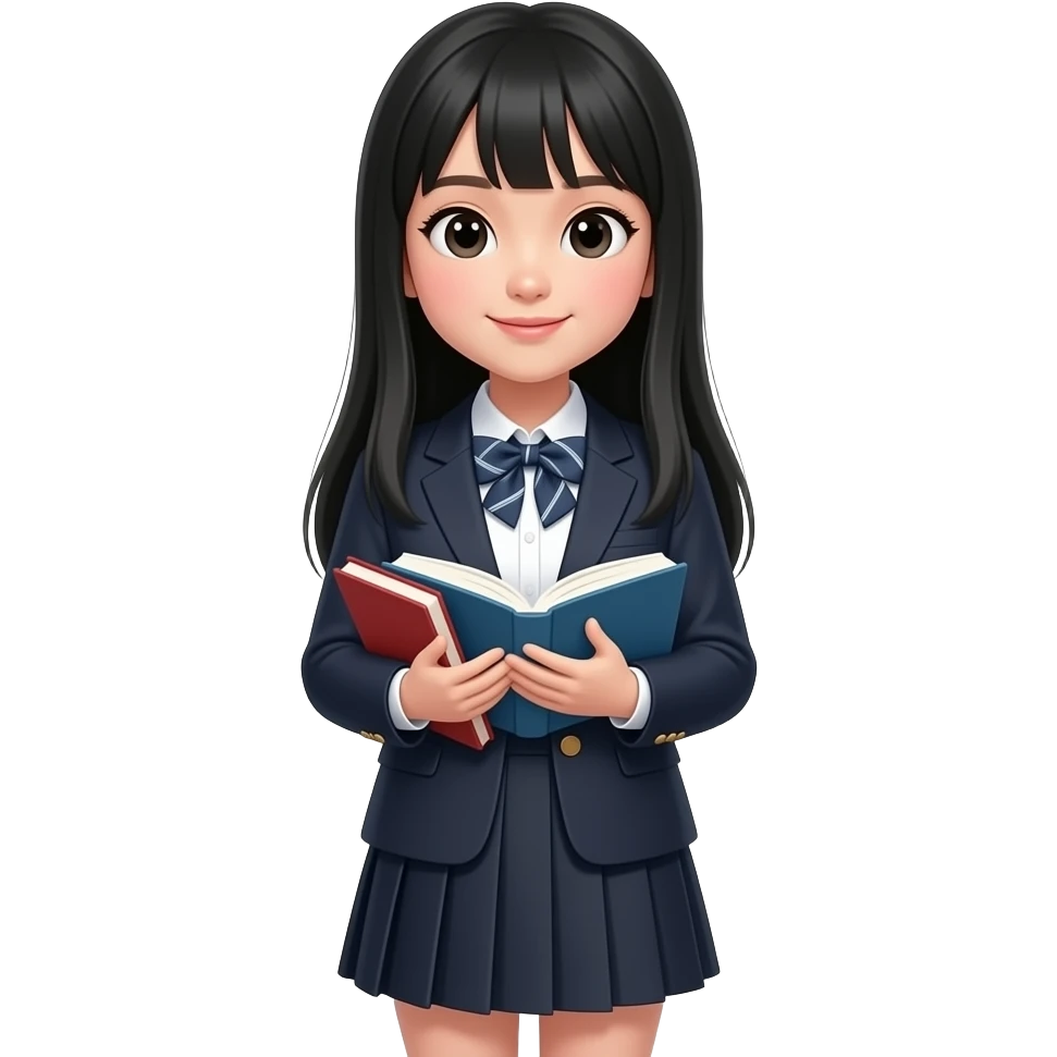 trendy schoolgirl with Asian skin, straight black long hair, and speach bubble emoji
