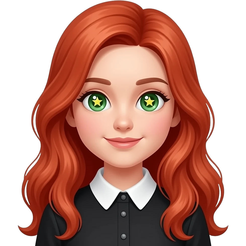 anime girl big stars in her eyes long red hair green eyes black blouse with white collar emoji
